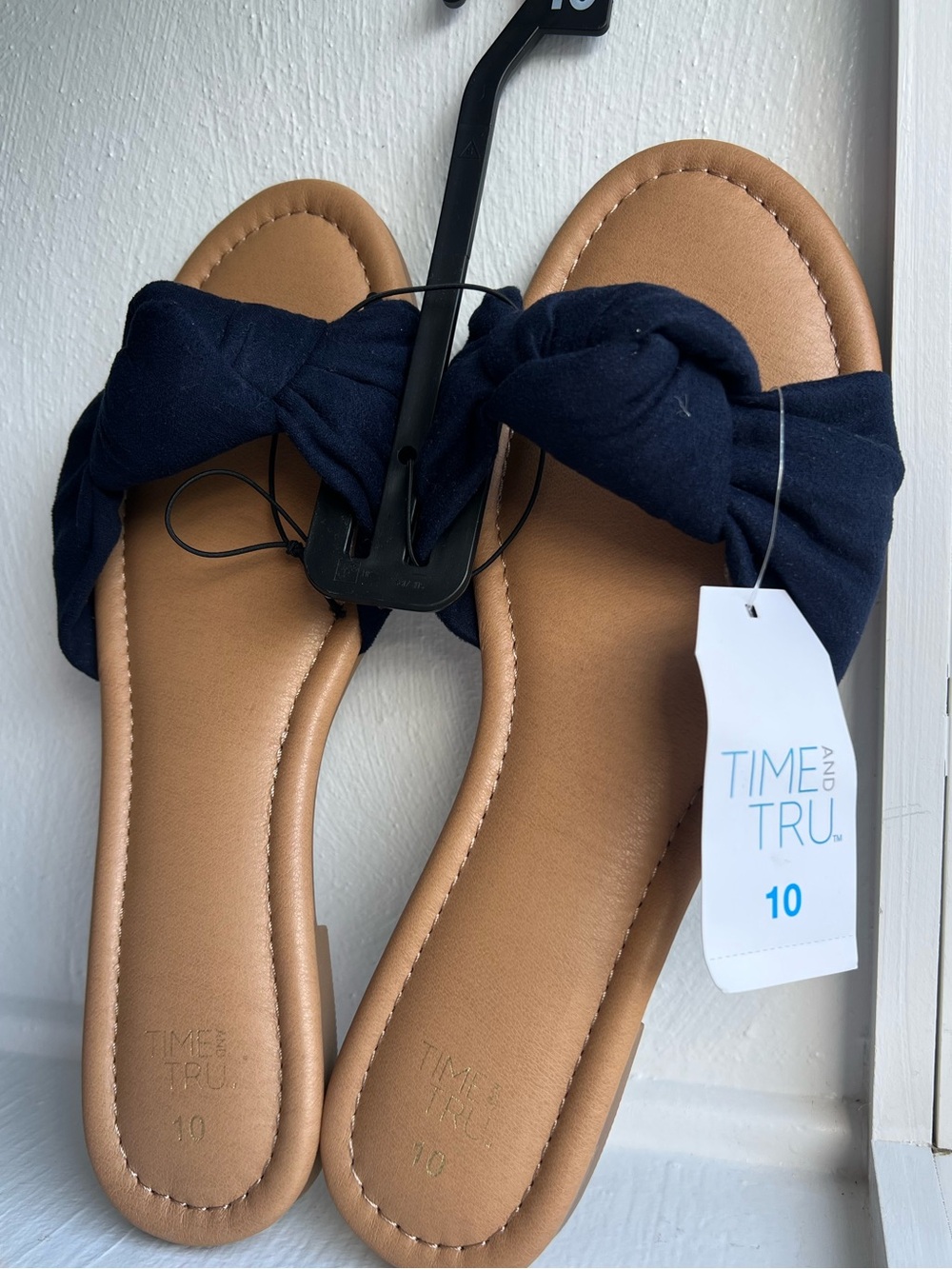 Time and Tru Navy Knot Slide Sandals with Tan Footbed